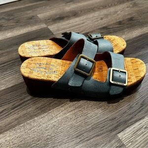 Kork-Ease Blue Slide Sandals with Buckle chunky boho platform
